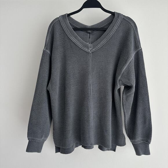 Aerie Sweater Womens Small Gray Waffle Rib Knit V Neck Thermal Oversized - Picture 1 of 9